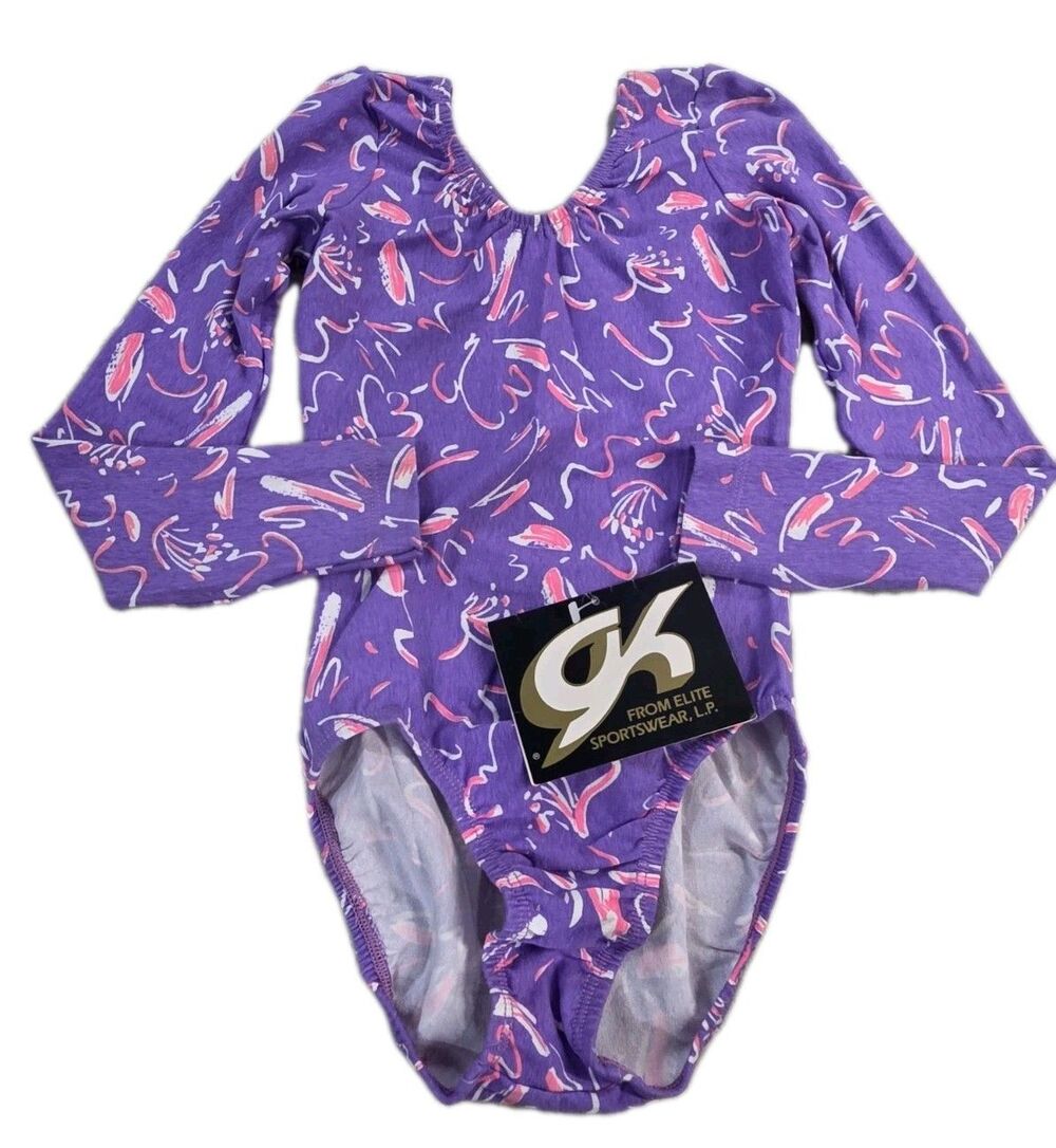 GK Elite VTG 80s Pastel Scribble Print LS Cotton Leotard Bodysuit AXS Adult XS